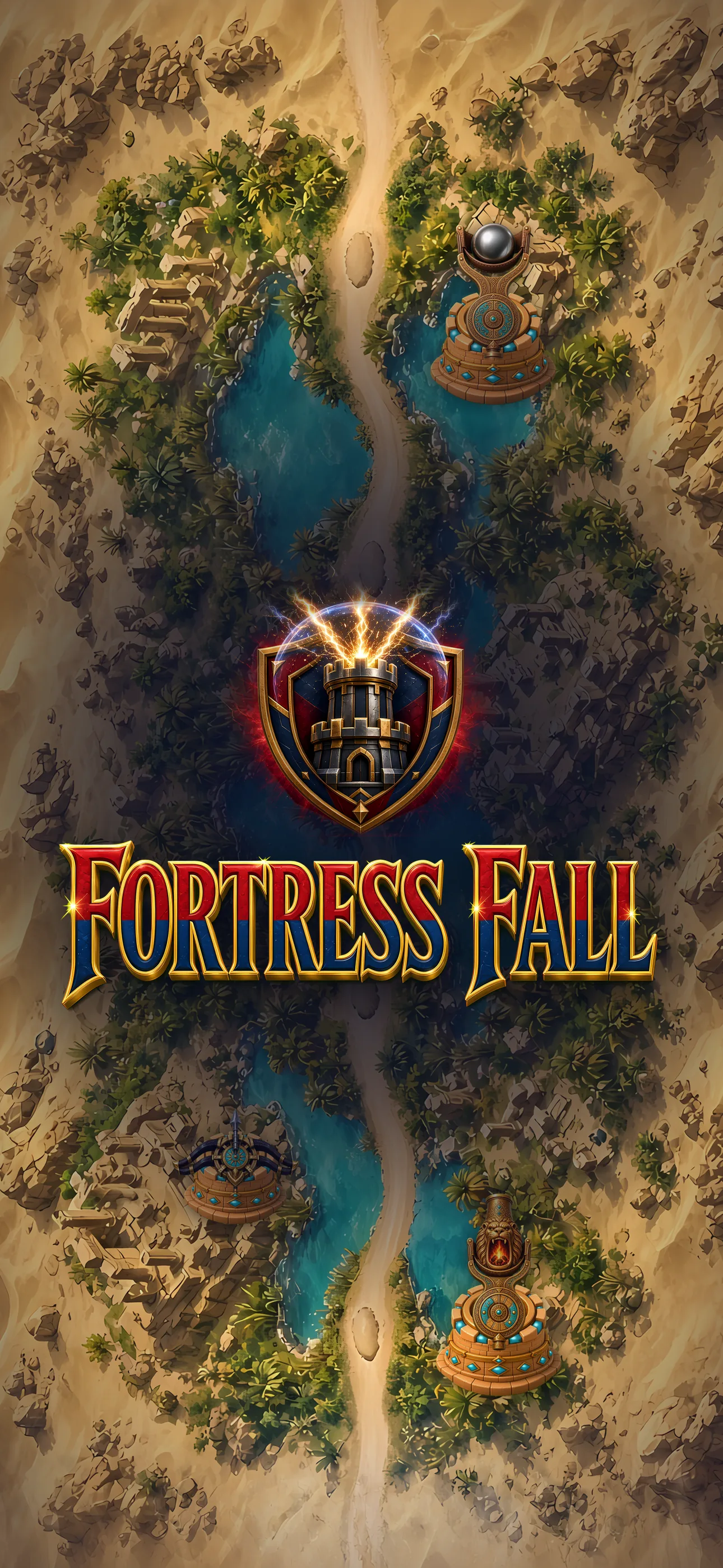 Fortress Fall logo, a stone tower on a gold-rimmed shield, over a top-down desert map with a winding road, oasis pools and towers.