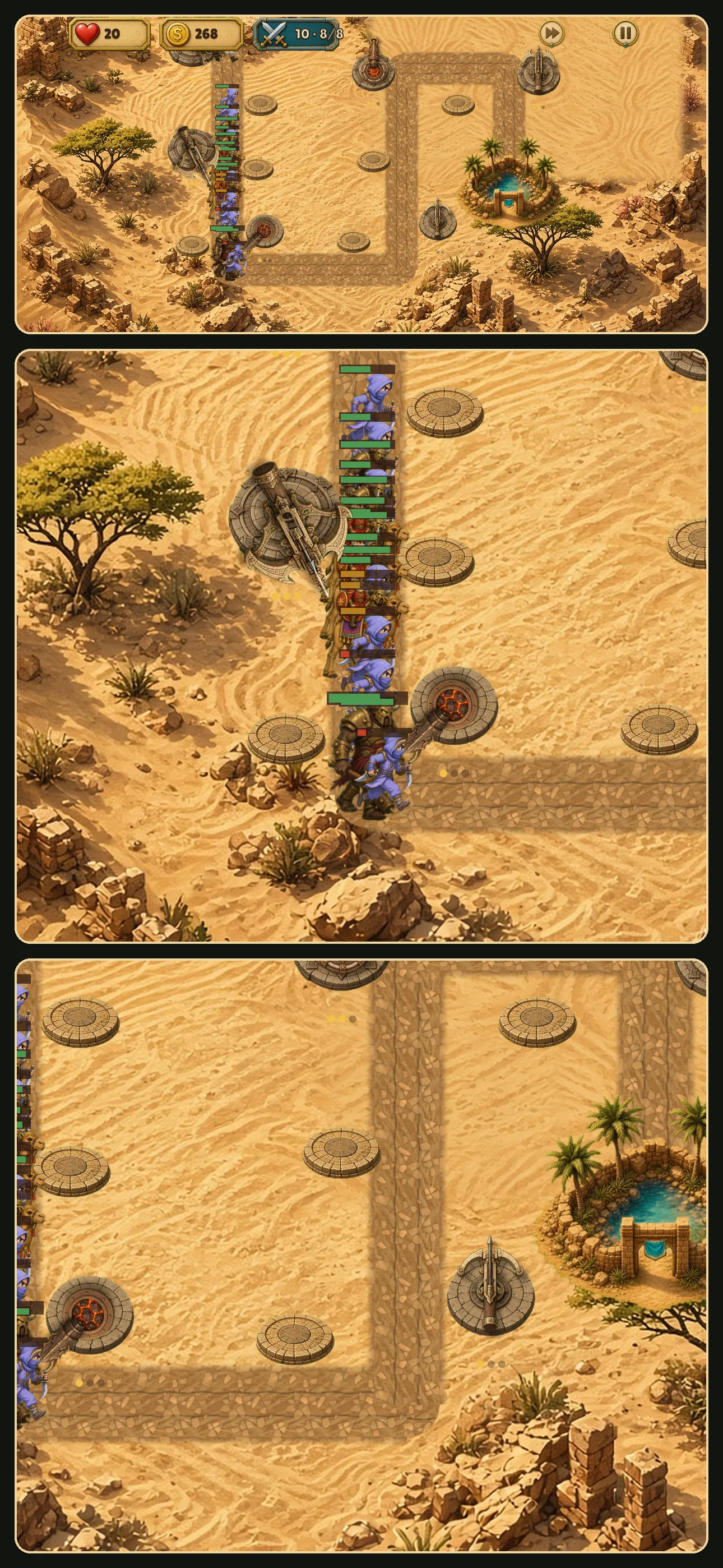 Desert battle on the final wave, with raiders packed along the left road while towers fire on them from pads beside it.