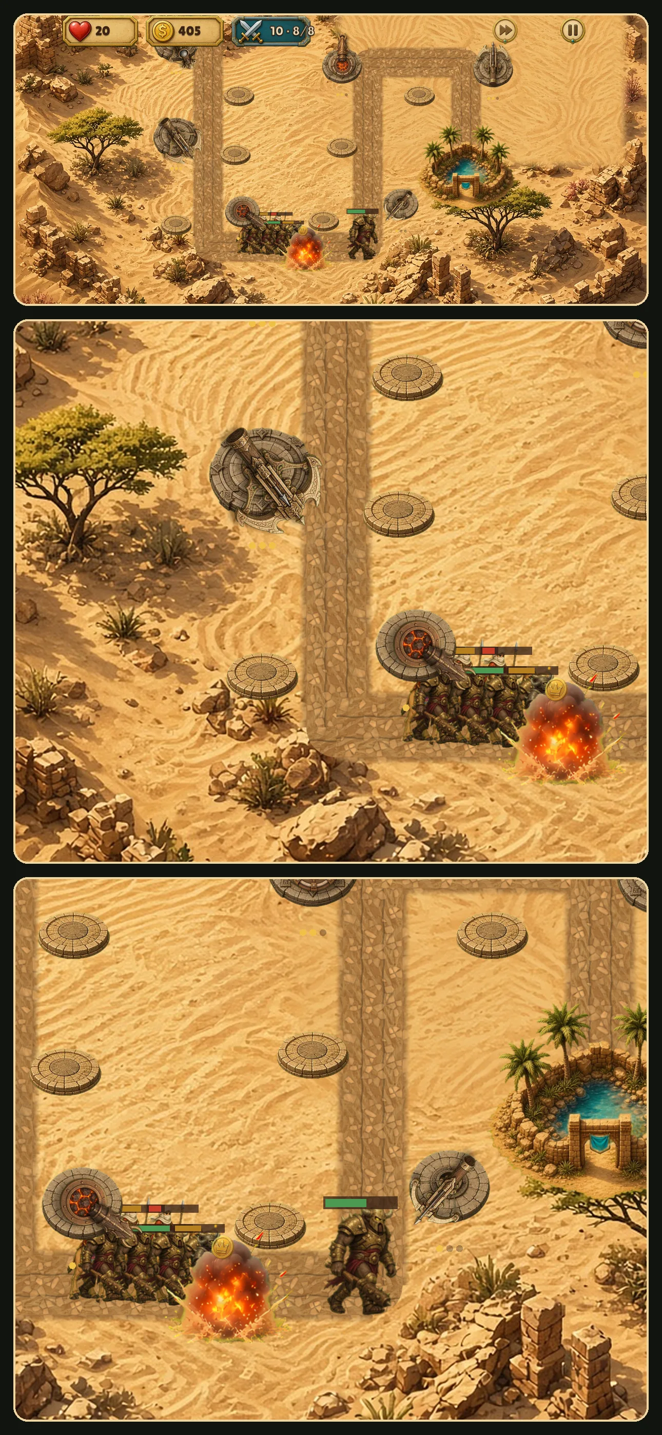 Desert battle with an explosion where the road turns and armored raiders under fire near the oasis.